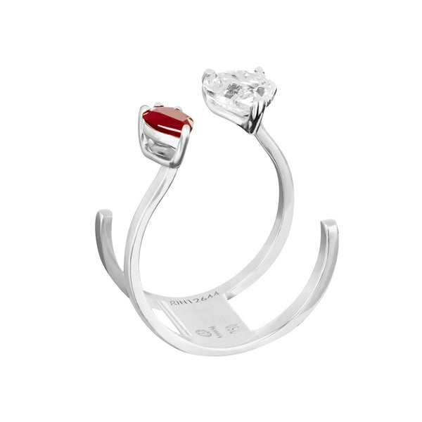 White Gold ring with pear shape ruby and heart shape diamond