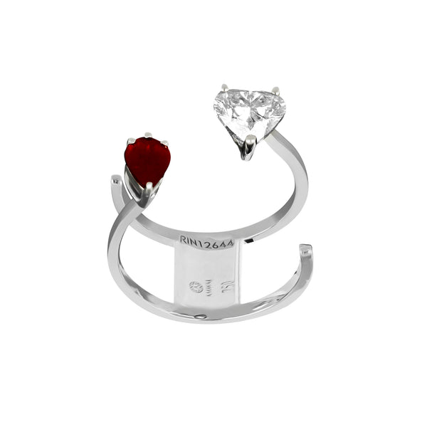 White Gold ring with pear shape ruby and heart shape diamond