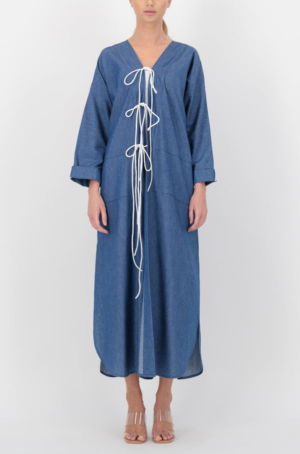 Knotted front denim abaya
