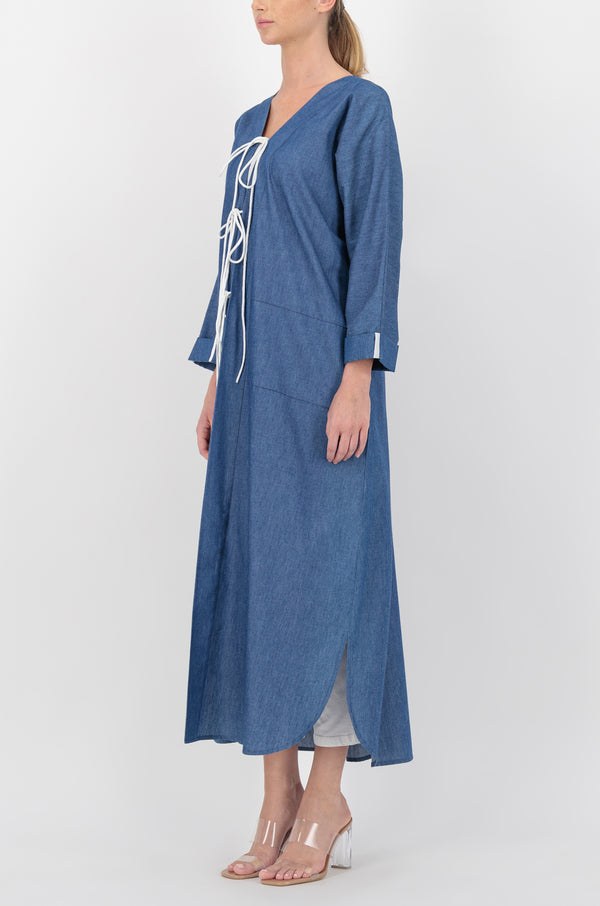 Knotted front denim abaya