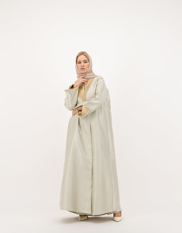 Light gold satin taffeta abaya with shawl collar