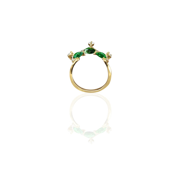 Yellow Gold crown Arabesque  ring with green Sapphires