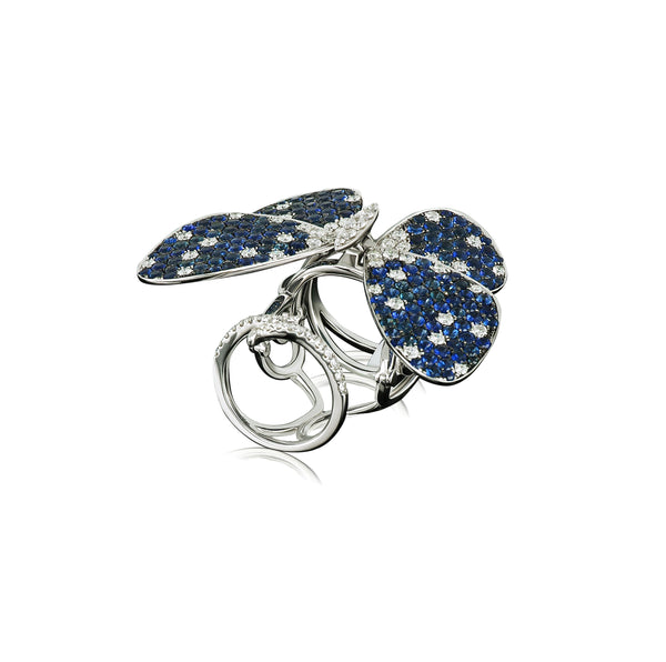 White Gold butterfly ring with sapphires and diamond