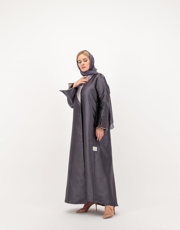 Grey satin taffeta abaya with shawl collar