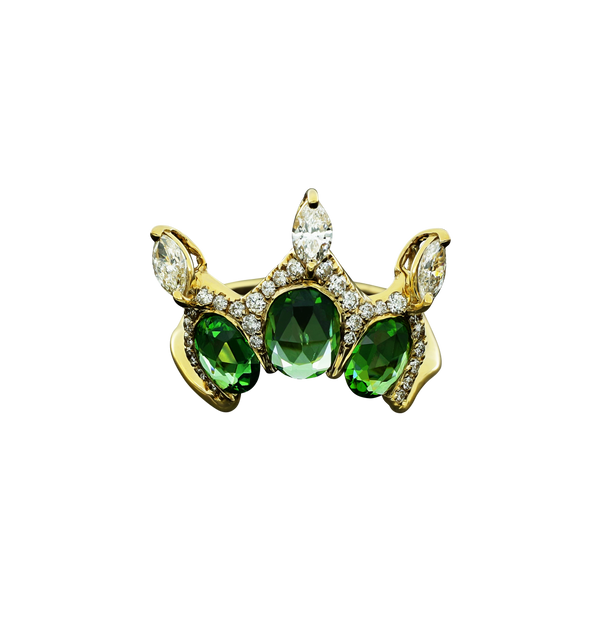 Yellow Gold crown Arabesque  ring with green Sapphires